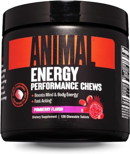 Universal Nutrition ANIMAL ENERGY CHEWS (Pomberry) – schnelle Energie mit Koffein, Tyrosin & Taurin für Fokus während dem Training, Pre Workout Booster mit Meersalz für besseren Pump, 120 Kautabletten