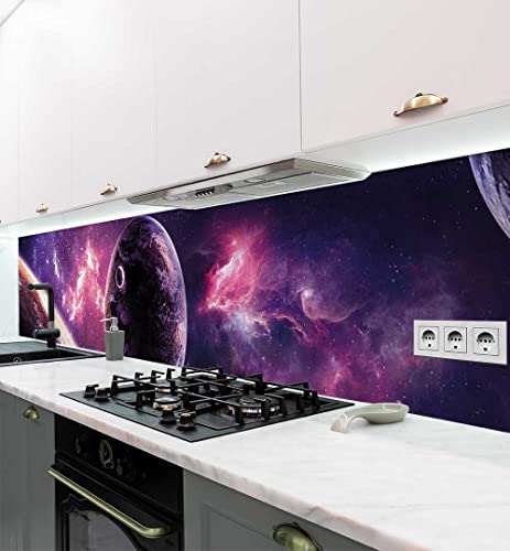 MyMaxxi - Selbstklebende Küchenrückwand Folie ohne Bohren - Galaxie mit Planeten lila 60cm hoch- Klebefolie Wandtattoo Wandbild Küche - Wand-Deko - Weltall Sterne Nebula Malerei -