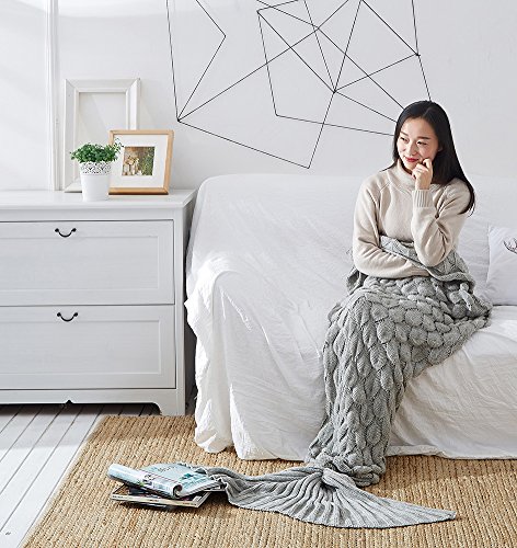 Naturer Meerjungfrau Decke Kinderdecken für Erwachsenes handgemachtes gestricktes Fisch-Skalen-Muster-Schlafsack Kuscheldecke 195x90cm - Grau