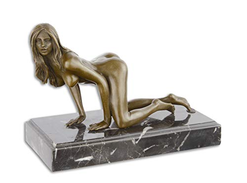 Bronze Skulptur Statue Figur Deko Akt Frau kniened Marmorsockel 21cm