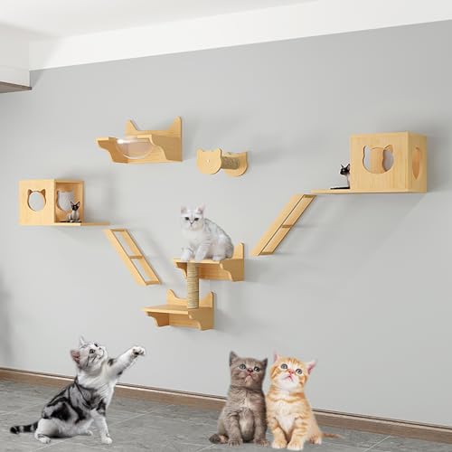 Wandmontiertes Katzen Kletterwand Set, Katze Wandelement, Katzenmöbel, Leiter, Katzenhaus, Kratzbrett und Kratzbaum (Color : Style4)