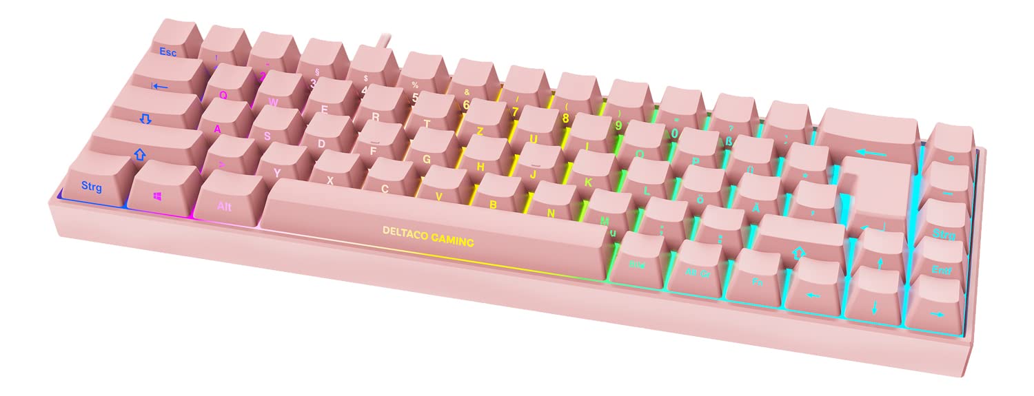 DELTACO GAMING PK95R – Mechanische Gaming Tastatur (Kabellos, RGB Beleuchtung, 65%, Deutsches Layout QWERTZ, Front Lasering) – Pink/Rosa