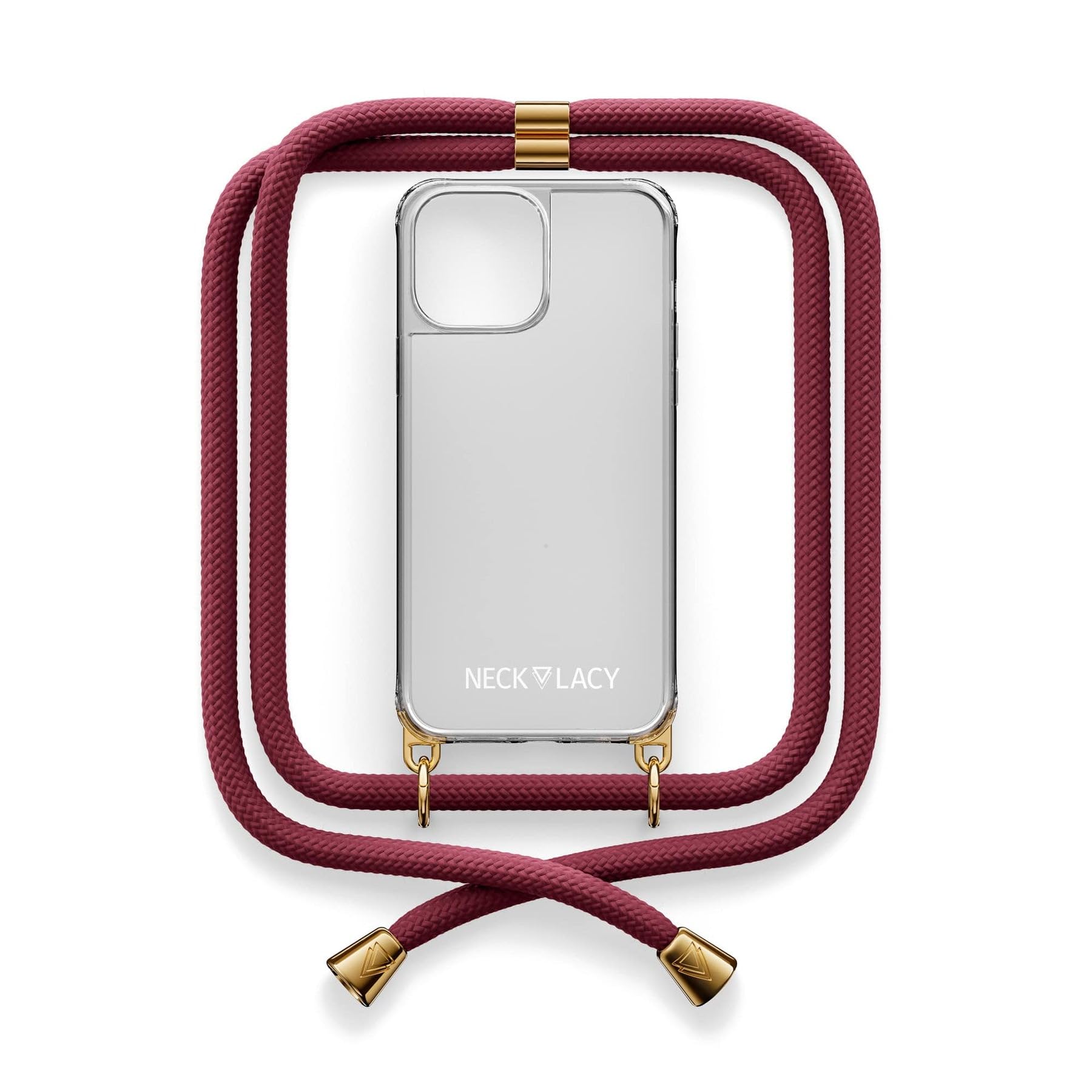 NECKLACY® - Die Premium Handykette für Apple iPhone 15 in Berry | transparente Handyhülle mit hochwertiger Abnehmbarer Kordel zum Umhängen - Smartphone Crossbody