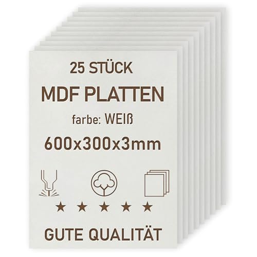 woodmanucom MDF Platten | 600 x 300 x 3 mm | Bastelplatte Dünne Holz-Platten | Perfekt für Laser, CNC Router, Laubsäge, Modellierung (25 Stück weiße)