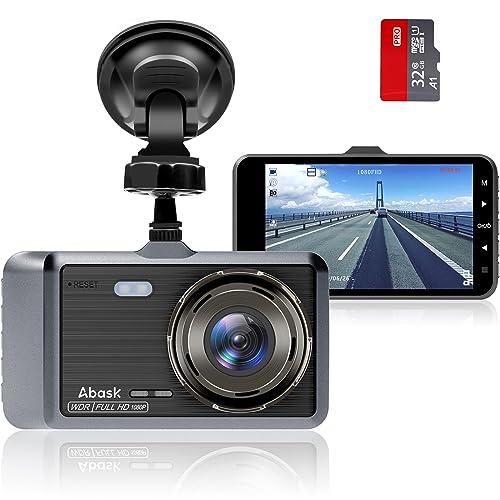 Abask Dashcam Auto Vorne Autokamera mit 32 GB SD-Karte, 4 Zoll Full HD 1080P, 170 ° Weitwinkel, Nachtsicht, G-Sensor, WDR, Loop-Aufnahm, Parküberwachung und Bewegungserkennung