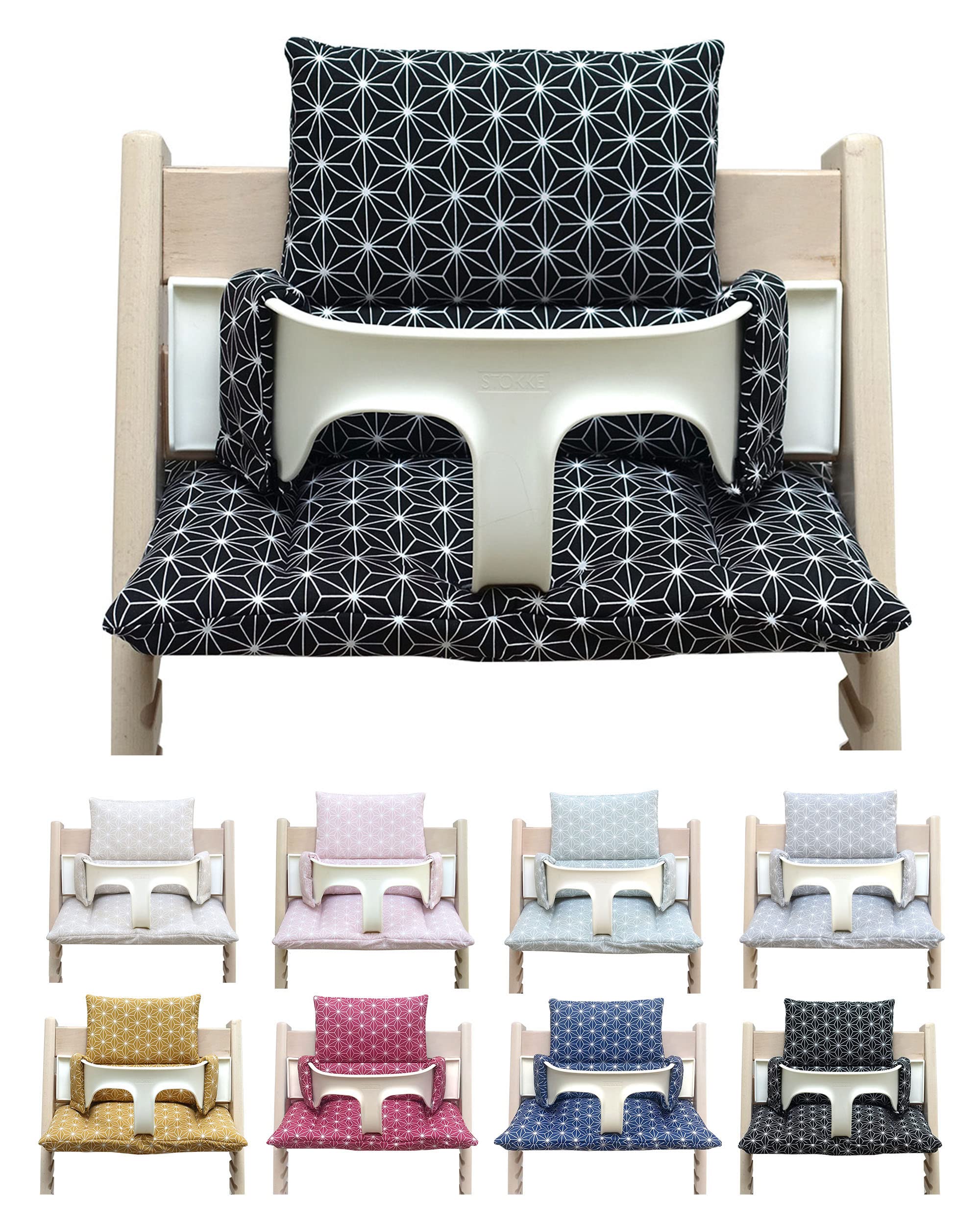 Blausberg Baby - Sitzkissen Set ABWASCHBAR kompatibel mit Stokke Tripp Trapp Hochstuhl Materialien Oek-Tex Standard zertifiziert - Made in Germany - Happy Star Schwarz)