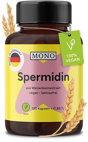 Mono Spermidin Kapseln hochdosiert - 3mg Spermidin pro Kapsel - 120 Kapseln - Weizenkeimextrakt mit hohem Spermidin Gehalt - geprüfte Qualität mit Analyse aus DE