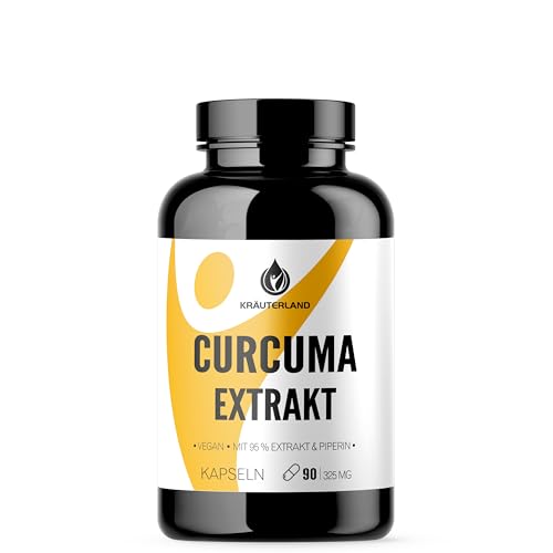Kräuterland Kurkuma Kapseln - 90 Kurkumakapseln mit Curcuma Extrakt - über 95% Curcumin, schwarzer Pfeffer & Piperin - hochdosiert, vegan - Premium Qualität