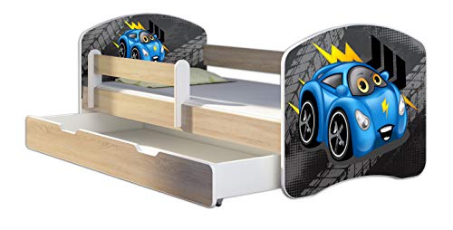 Kinderbett Jugendbett mit einer Schublade und Matratze Sonoma mit Rausfallschutz Lattenrost ACMA II 140x70 160x80 180x80 (04 Blaue Auto, 140x70 + Bettkasten)