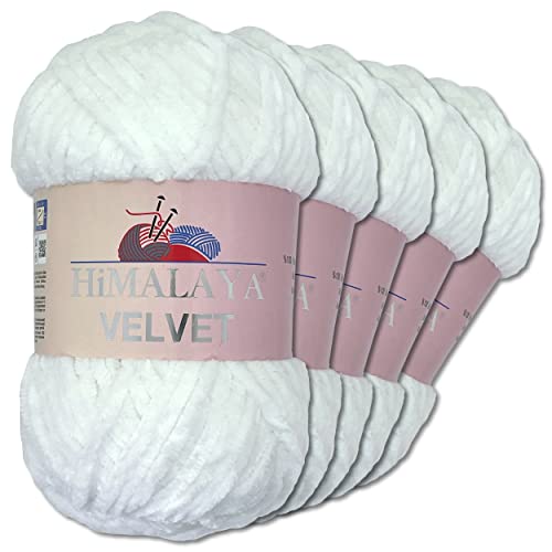 Wohnkult Himalaya 5 x 100 g Velvet Dolphin Wolle 40 Farben zur Auswahl Chenille Strickgarn Glanz Flauschgarn Accessoire Kleidung (90001 | Schneeweiß)