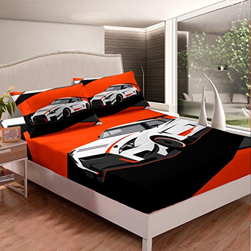 Tbrand Weißes Auto Spannbettlaken 90x200cm Rennsportwagen Spannbetttuch für Kinder Jungen Mädchen Extremsport Thema Bettlaken Set Schwarz Rot Ultra weich rutschfeste 2St