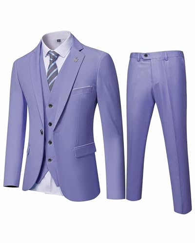 EastSide Herren Slim Fit 3-teiliger Anzug, Ein-Knopf-Blazer-Set, Jacke Weste & Hose, violett, S