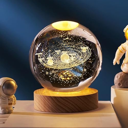 JIAWEIIY Mond Kristallkugel mit Holzsockel, 3D graviertes Sonnensystem Planeten Kristallkugel mit LED-Lichtsockel, kreative Dekoration Astronomie (Planet Walker)