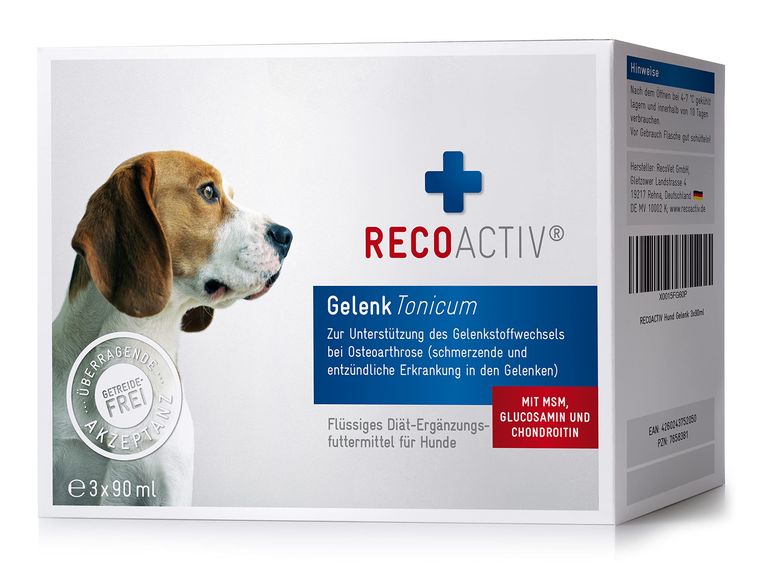 RECOACTIV Gelenk Tonicum für Hunde - flüssige Gelenktablette zur Unterstützung bei Osteoarthritis (schmerzhafte, entzündliche Prozesse), mit Grünlippmuschel, Gag, MSM & Teufelskralle, 3 x 90 ml