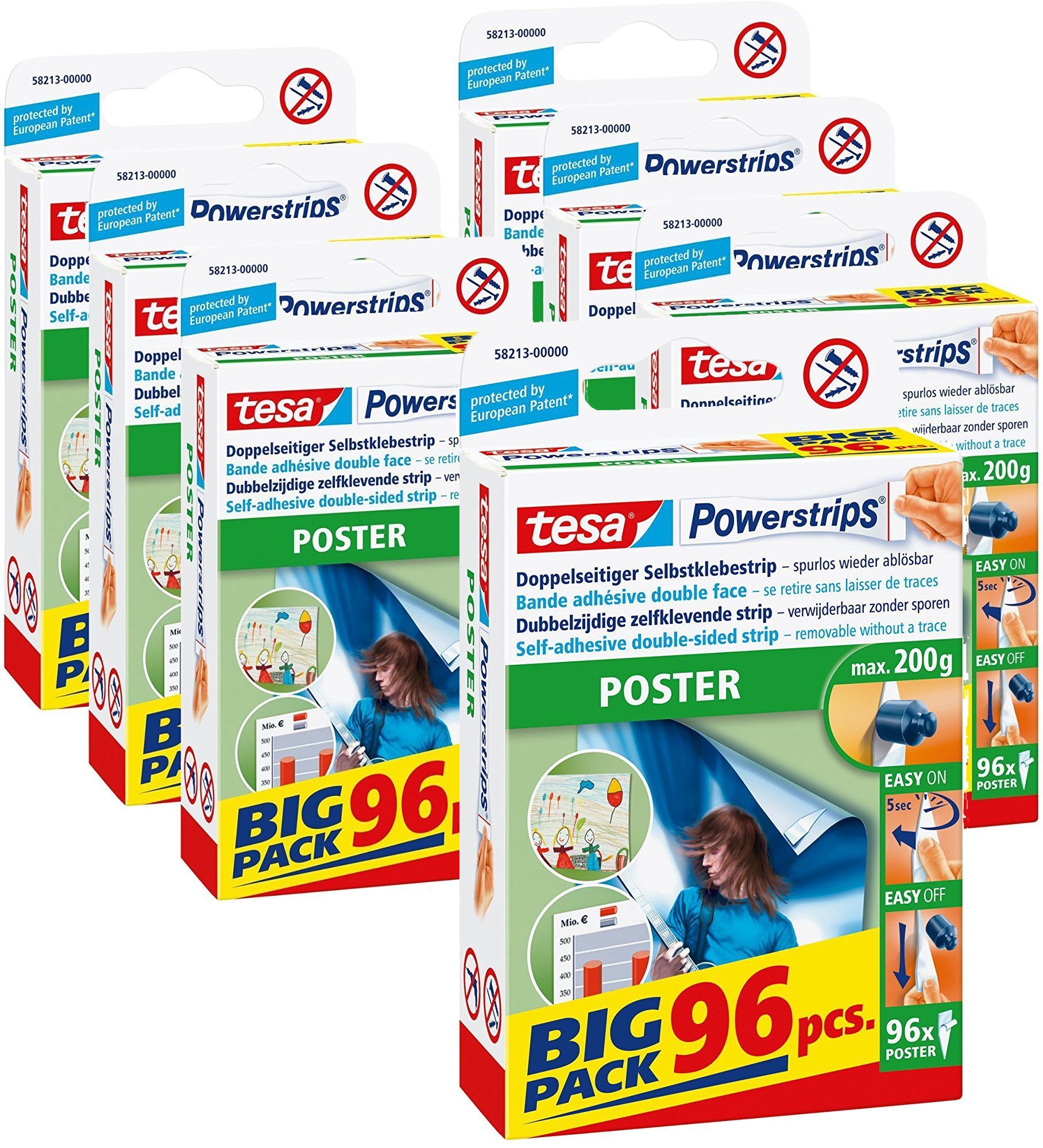 tesa Powerstrips POSTER/Doppelseitige Klebestreifen für Poster, Plakate und leichte Schilder bis 200g - wieder ablösbar und mehrfach verwendbar/Bigpack / 7 x 96 Stück (1 Vorrats - Karton)
