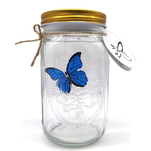 DINESA Schmetterlingssammlung im Glas, Schmetterlingsglas, das Sich Bewegt, LED-Licht, Romantisches Glas, Animierter Schmetterling, Blau, Langlebig, Einfache Installation