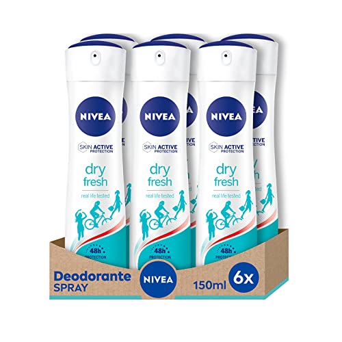 Nivea Dry Fresh Spray Deodorant 6 x 150 ml, Dual Active Formel, Anti-Atmungsaktives Deodorant für 72 Stunden intensive Frische auf der Haut