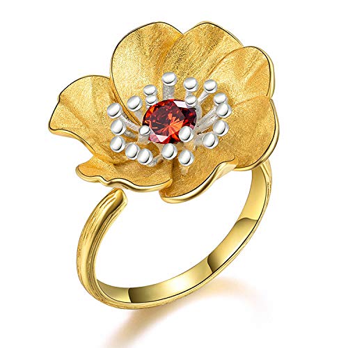 Lotus Fun S925 Sterling Silber Ringe Anemone Blüht Ringe Natürlicher Edelstein Persönlichkeit Temperament Handgemacht Schmuck für Frauen und Mädchen.(Gold- Silver-Red)