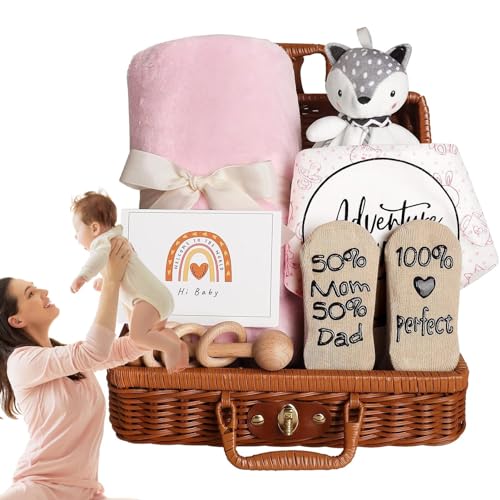 Geschenkkorb für Neugeborene | Geschenkset für Neugeborene mit Babydecke, Babyrassel | Einzigartiger Baby-Geschenkkorb für Neugeborene, Weihnachtsgeschenke, Baby-Geschenkset für Mädchen und Hmltd