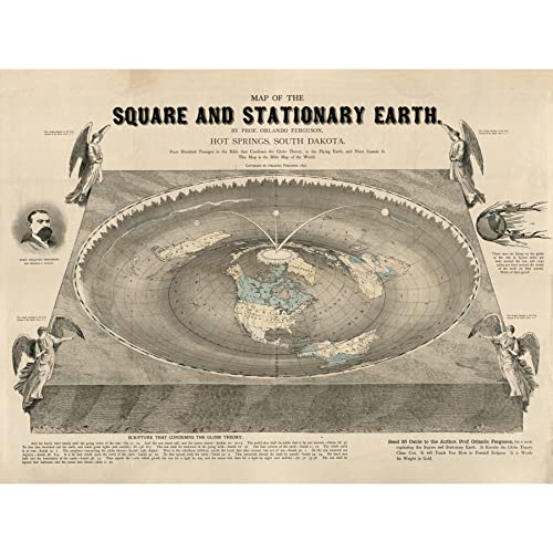 Orlando Ferguson Vintage Map of The Square and Stationary Earth Flat Earth Large XL Wall Art Canvas Print