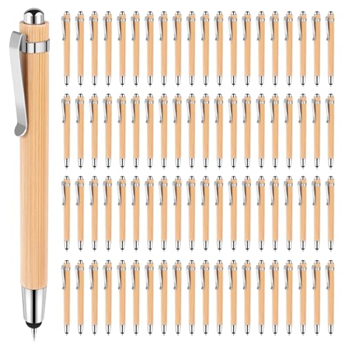 NIZEAMI 80 Stück Kugelschreiber mit Stylus-Spitzen für Touchscreens, einziehbarer Bambus-Kugelschreiber, 1,0 mm schwarze Tinte, Geschenkstifte zum Schreiben von Schul- und Bürobedarf