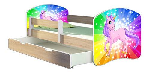 Kinderbett Jugendbett mit einer Schublade und Matratze Sonoma mit Rausfallschutz Lattenrost ACMA II 140x70 160x80 180x80 (18 Pony Regenbogen, 140x70 + Bettkasten)