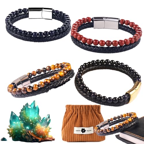 HOPASRISEE Natural Agate Stone Leather Beaded Bracelet, Natural Agate Stone Bracelet, Agate Stone Bracelet, Humanic Bracelets (4PC-A)