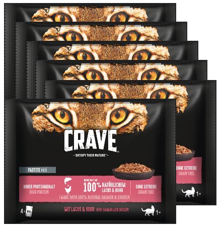 CRAVE Katze Portionsbeutel Multipack Katzenfutter Nassfutter (6x4x 85g, Lachs & Huhn)