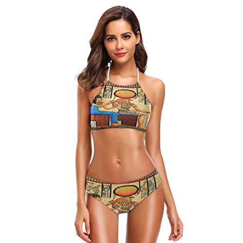 BIGJOKE Bikini für Damen, ägyptisches Tribal-Design, afrikanischer Stil, Neckholder, hoher Kragen, gepolstert, Badeanzug-Set für Erwachsene, Teenager, Mädchen, S-XXL Gr. M, mehrfarbig