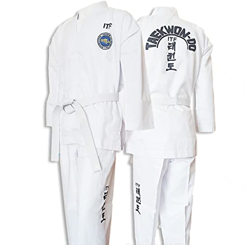 ITF Taekwondo Uniform Kinder Erwachsene Gestreifter Stoff Karate Gi Judo Anzug für Wettkampf und Training,White-180
