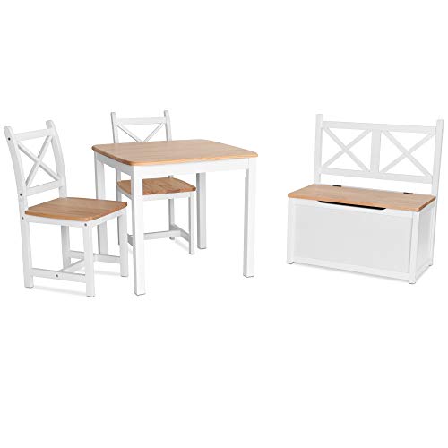 ib style® XEN Kindersitzgruppe | SITZHÖHE: 32 cm | Hartholz | Sicherheitsgeprüft | 4 TLG.: Tisch + 2 Stühle + Truhenbank