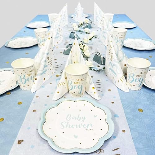 Geburtstagsfee Babyparty und Baby Shower Tischdeko Set für Jungen für 8 Gäste mit Becher, Teller, Servietten, Trinkhalmen, Tischläufer und mehr… (Blau Baby Shower)…