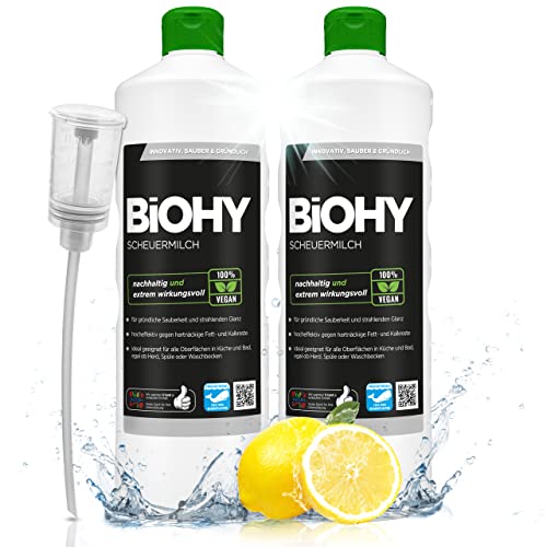 BiOHY Scheuermilch (2x1l Flasche) + Dosierer | entfernt eingebrannte Speisereste mühelos | gründliche Reinigung ohne zu kratzen | schonend zu Haut & Umwelt | für Emaille, Keramik & Edelstahl