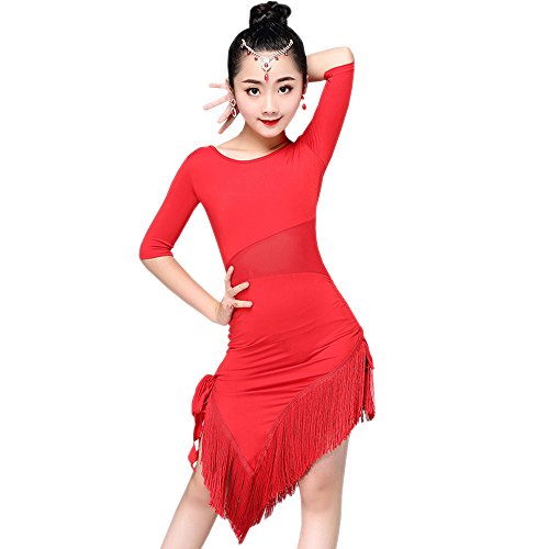 KINDOYO Mädchen Kinder Tanz Kleidung Quaste Saum Latein Tanzkleid Übung Performances Wettbewerb Kostüm, Rot/110
