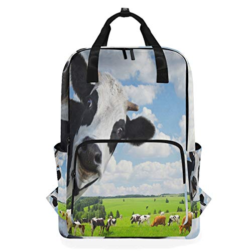 Rucksack mit Kuh-Optik, wasserdicht, Schultasche, Turnbeutel, grüne Landwiese, Laptop-Tasche, Outdoor-Reisetasche für Damen und Herren