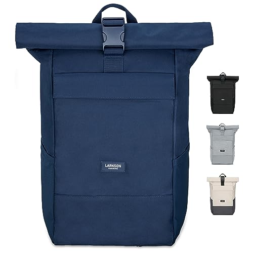 Larkson Rucksack Damen Herren Blau - No 4 - Rolltop Backpack mit Laptopfach Uni, Arbeit & Fahrrad - Großer Reiserucksack - Wasserabweisend