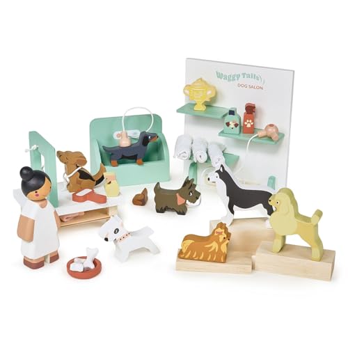 Tender Leaf Toys Waggy Tails Hundesalon – Interaktives Holzpflege-Set für Kinder – lustiges Rollenspiel – Verantwortung lernen, Feinmotorik verbessern – Geschenk