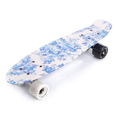 meteor Skateboard Kinder - Mini Cruiser Kickboard - Skateboard mädchen Rollen Board - Kunststoff Skateboards Deck - Retro Skateboard Jungen Mini Board - Skateboard Kinder miniboard (Flowers White)