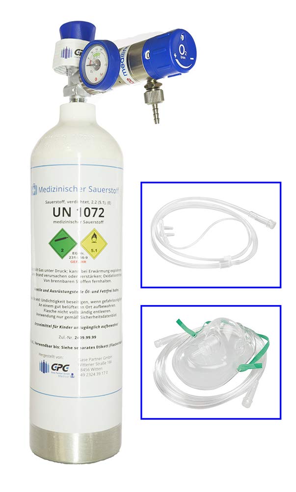 gase-kaufen Mobiles Sauerstoff-Notfallsystem - 1,8 Liter medizinischer Sauerstoff (Aluminiumflasche) mit Druckminderer MediSelect 25 und Maske