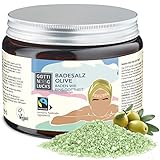 Göttin des Glücks Badesalz im Glas – Badezusatz Olive – Badekristalle in Glastiegel 450 Gramm – Bade-Salz Vegan & Fairtrade Naturkosmetik