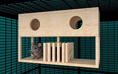 Chinchilla Haus mit Futterspender in der Mitte, Unterschlupf für Kleintiere, Spielhaus aus Holz, Spielzeug aus Holz