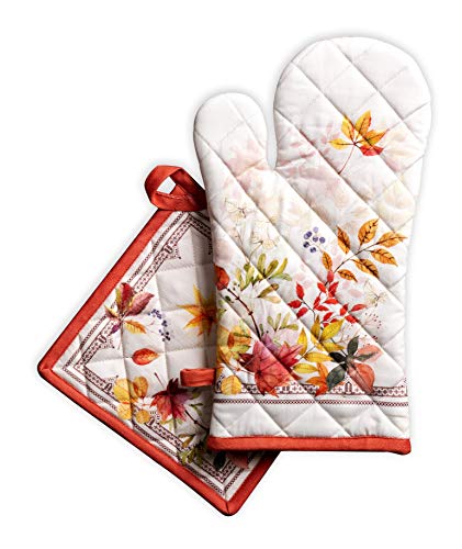 Maison d' Hermine Ofenhandschuh + Topflappen aus 100% Baumwolle, hitzebeständiger Ofenhandschuh(19cm x 33cm) & Topflappen(20cm x 20cm) für Koch, Mikrowelle, Amarante – Erntedankfest/Weihnachten