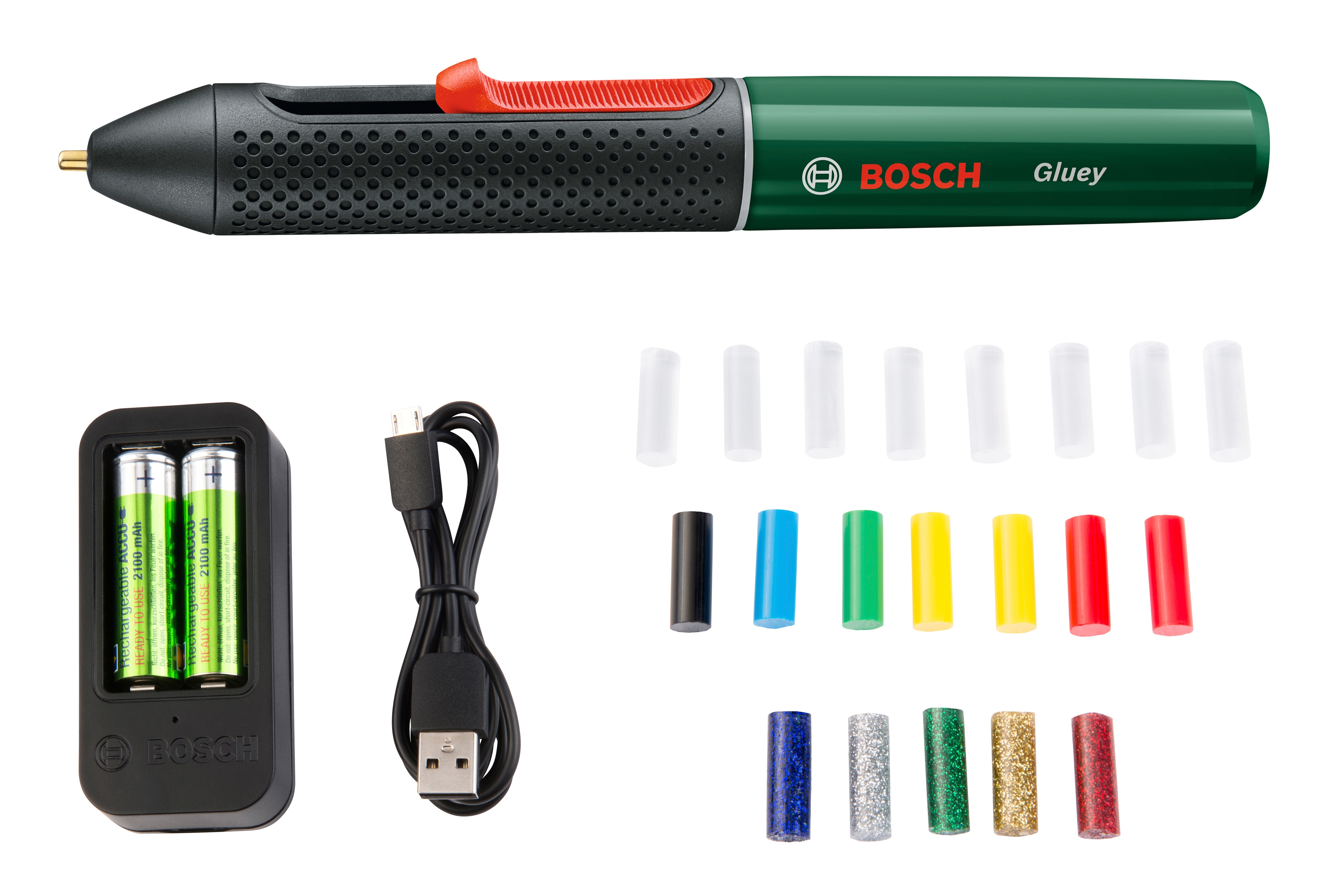 Bosch Home & Garden Heißklebestift "Gluey, pink", (USB-Ladegerät & -Kabel, 2x1,2 V HR06 (AA) Akkus)