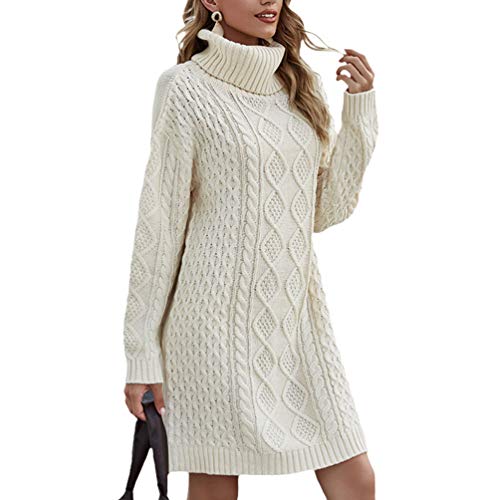 Mengyu Damen Strickkleid Elegante Lang Pulloverkleider Winterkleid mit Rollkragen Langarm Strickpullover für Herbst, Winter und Frühling (Cremeweiß, XL)