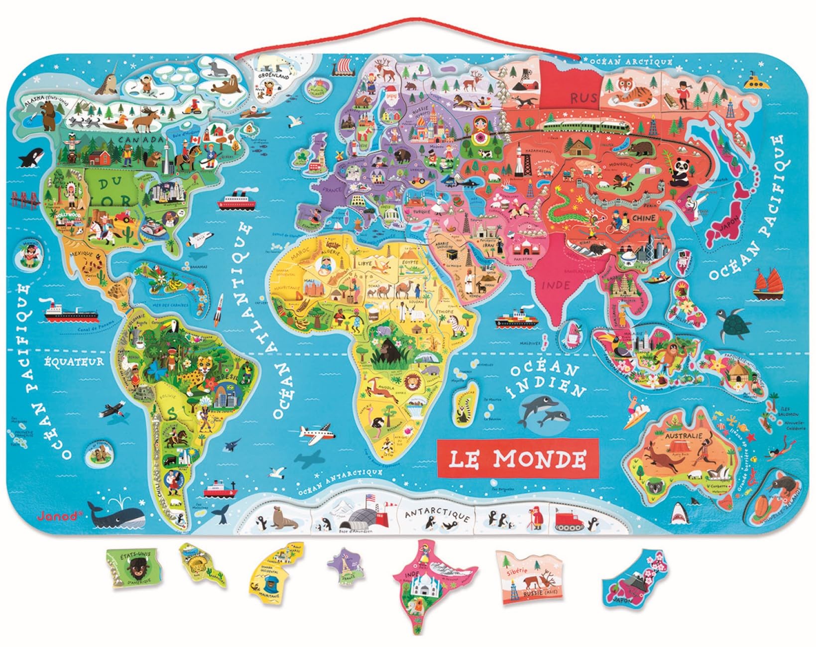 Janod - Magnetisches Weltkarten-Puzzle aus Holz, 92 magnetische Teile, 70 x 43 cm, französische Version, Lernspiel für Kinder ab 7 Jahren, J05500 Metallisches Silber