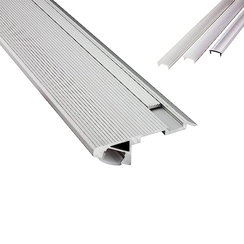 B-WARE - T-STA 30° LED Alu Treppenprofil Treppenwinkel Profil Stufen silber + Abdeckung Abschlussleiste Fliesen für LED-Streifen-Strip 2m milky