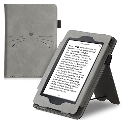 kwmobile Flip Hülle kompatibel mit Amazon Kindle Paperwhite - Handschlaufe - Cover Katze MIAU Grau (für Modelle bis 2017)