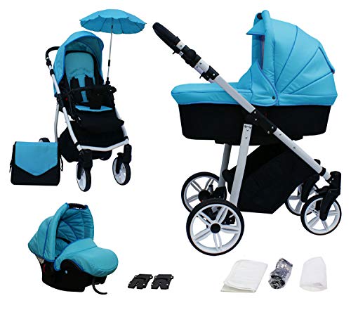 Skyline 3in1 Kombi Kinderwagen mit einem Aluminium Gestell, Babywanne, Sport Buggyaufsatz und Babyschale (ISOFIX) (Blau)