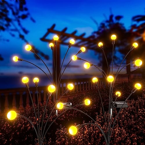 Ymenow Solar LED Glühwürmchen Leuchte, 4 Stück 6-in-1 Solarbetriebene Glühwürmchen Gartenlichter Steckleuchte Starburst Schwankende Solarlampen, 2 Modi, IP65 Wasserdicht für Wege Deko - Warmweiß