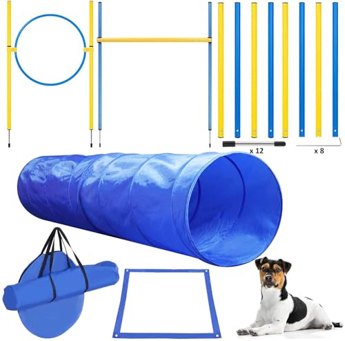 TUAHOO Agility Ausrüstungs Set für Hunde, Training Hindernisse Spiele mit– Hundetunnel, Hürden, 8 Slalomstangen, Springring, Pause-Box, Tragetasche